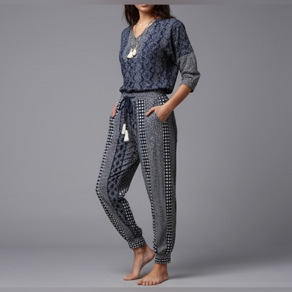 Boho Striped Print Pants With Pockets Navy Blue - Picture 1 of 9